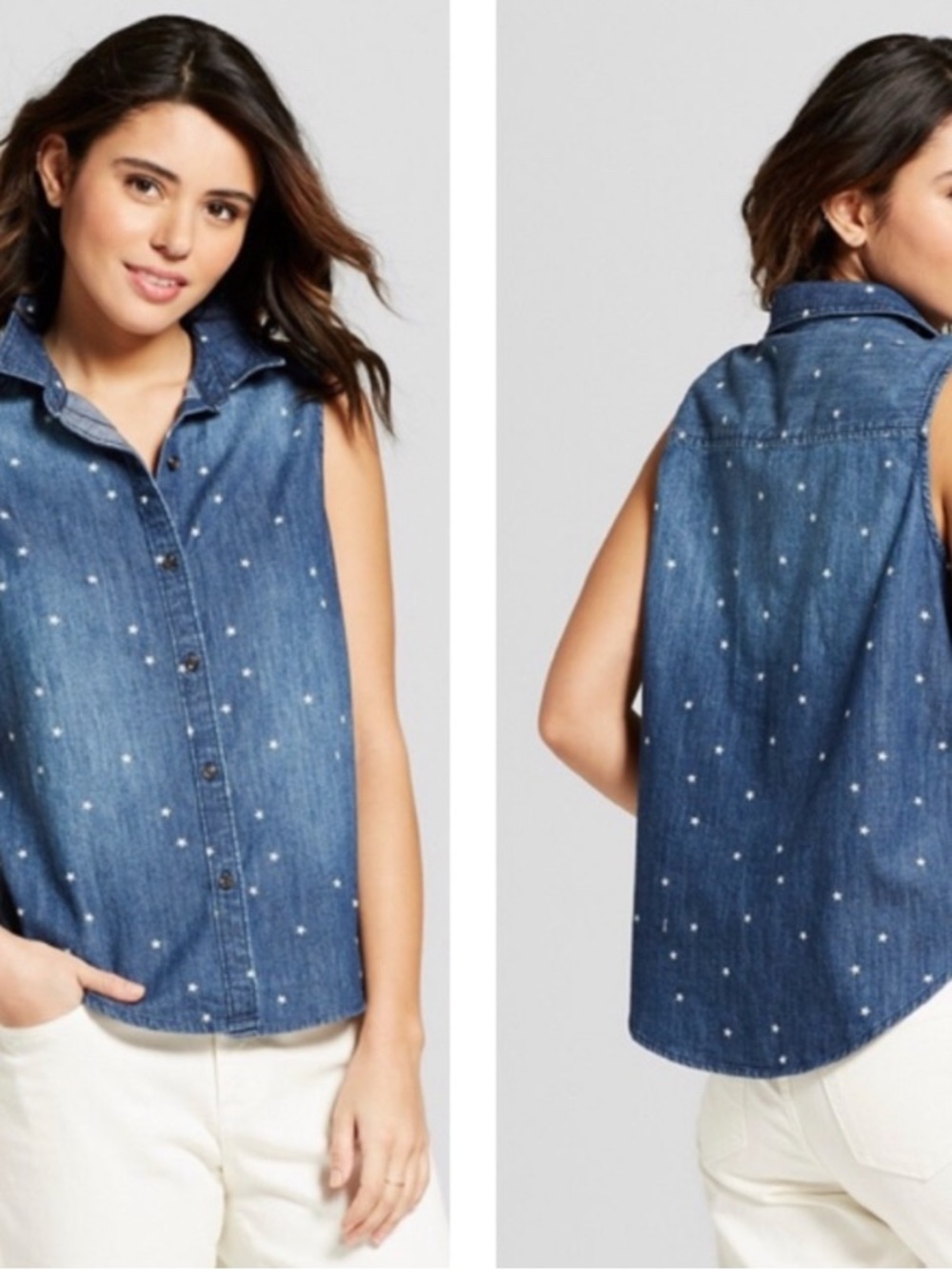 Universal Thread Blue Denim Sleeveless Button-Up Shirt w/ Star Print L